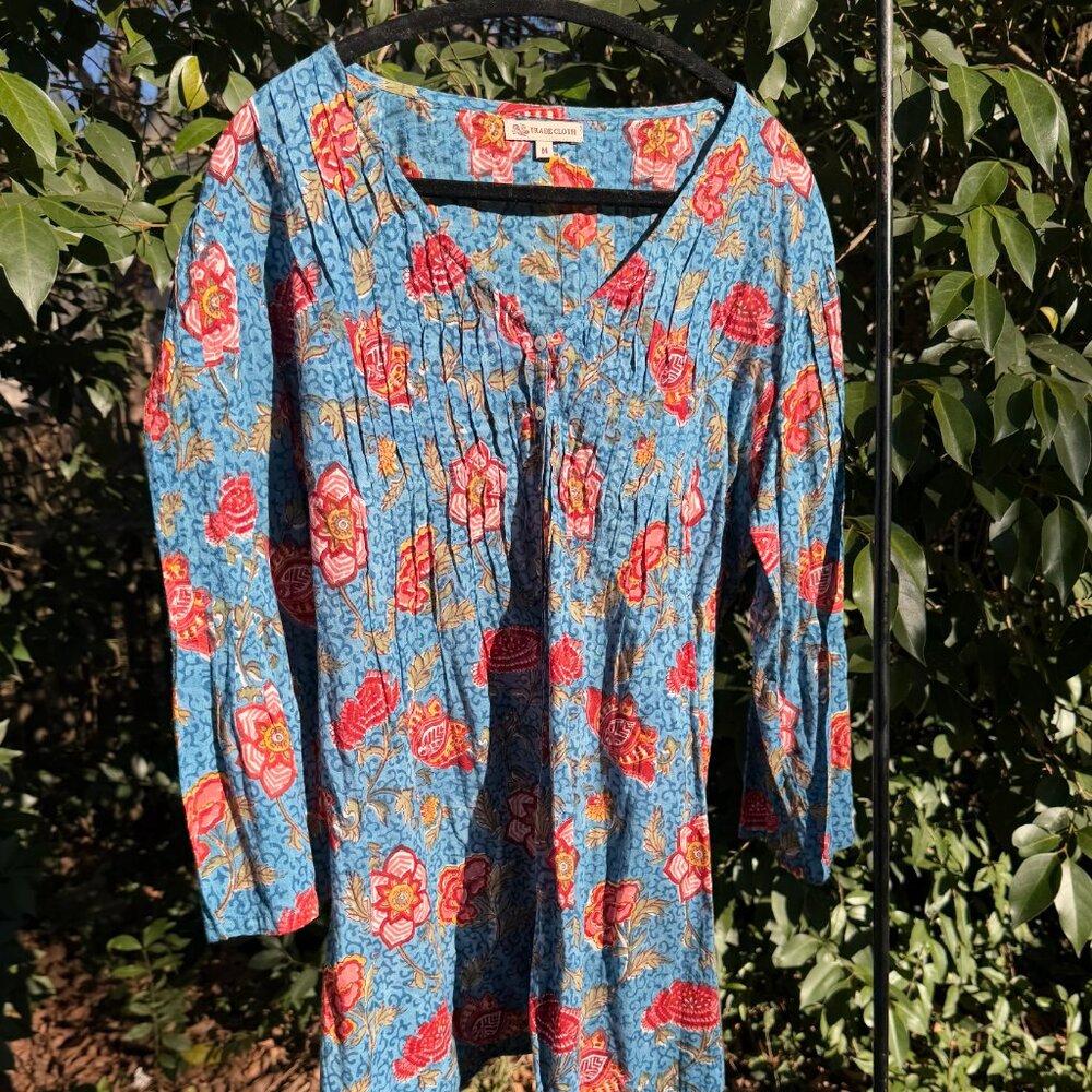 Trade Cloth Blue Floral Pintuck Cotton Tunic Top Women's M Boho